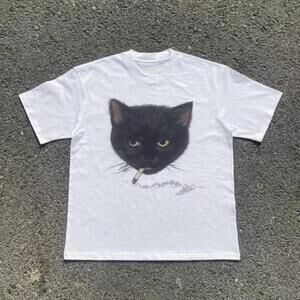 Black And White Graphic Tee With A Cat Smoking A Cigarette